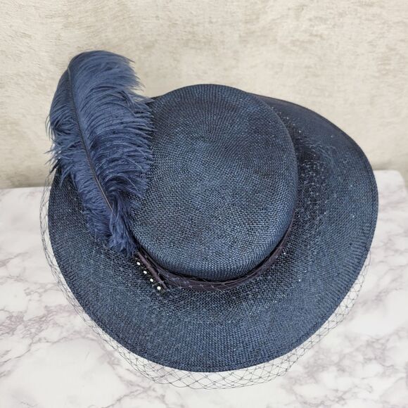 Mr Charles Vintage Navy Feathered Women's Hat With Net Veil Church Derby Straw - Picture 6 of 14